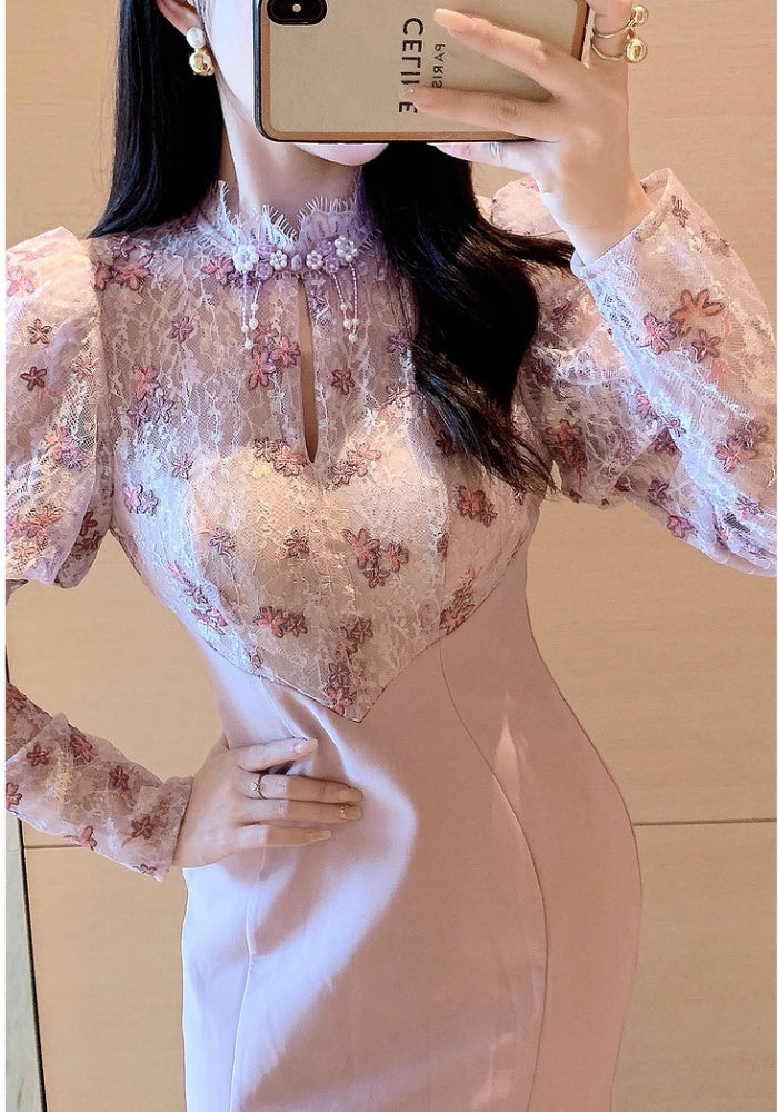 CM-DY024066 Women Elegant Seoul Style Stand Collar Lantern Sleeve Slim Dress