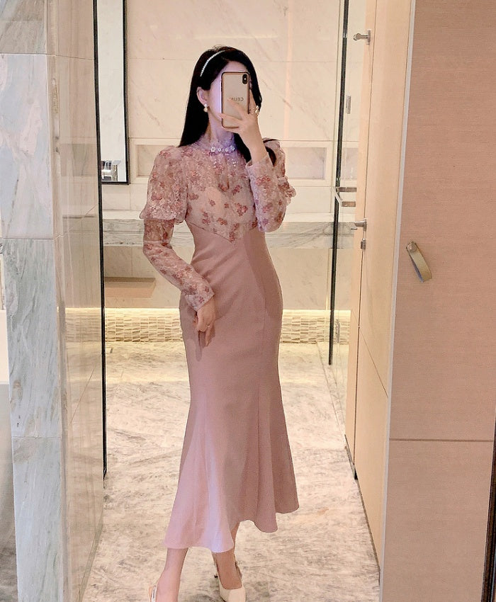 CM-DY024066 Women Elegant Seoul Style Stand Collar Lantern Sleeve Slim Dress