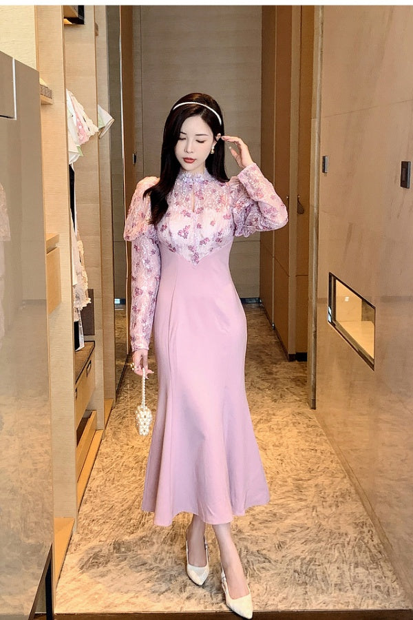 CM-DY024066 Women Elegant Seoul Style Stand Collar Lantern Sleeve Slim Dress