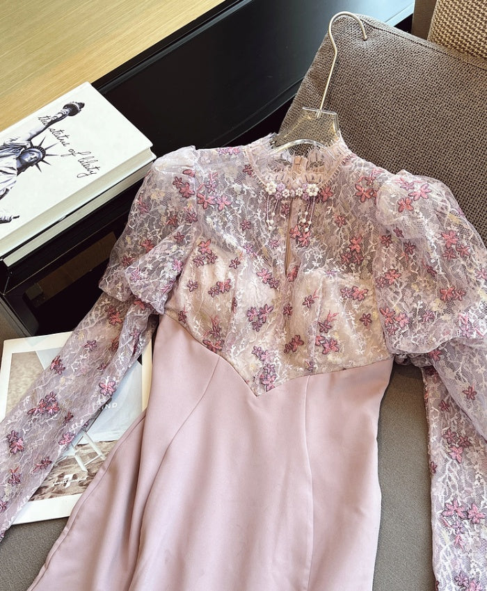 CM-DY024066 Women Elegant Seoul Style Stand Collar Lantern Sleeve Slim Dress