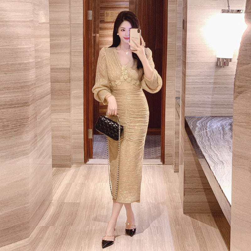 CM-DY024067 Women Elegant Seoul Style Floral V-Neck Puff Sleeve Midi Dress