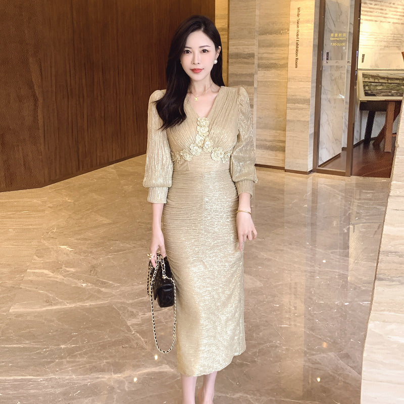 CM-DY024067 Women Elegant Seoul Style Floral V-Neck Puff Sleeve Midi Dress