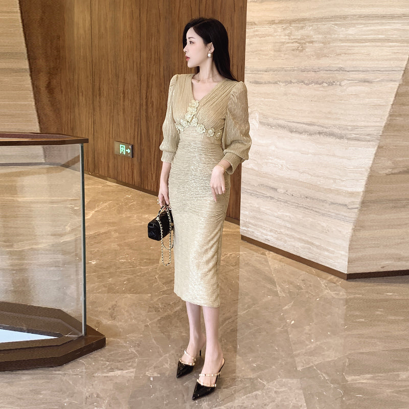 CM-DY024067 Women Elegant Seoul Style Floral V-Neck Puff Sleeve Midi Dress