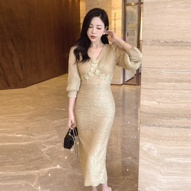 CM-DY024067 Women Elegant Seoul Style Floral V-Neck Puff Sleeve Midi Dress