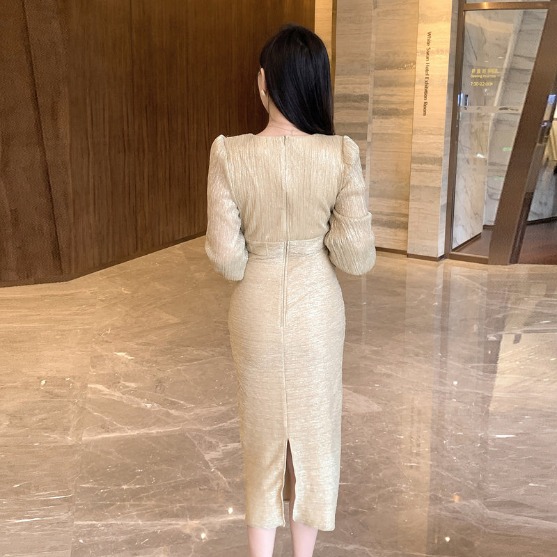 CM-DY024067 Women Elegant Seoul Style Floral V-Neck Puff Sleeve Midi Dress