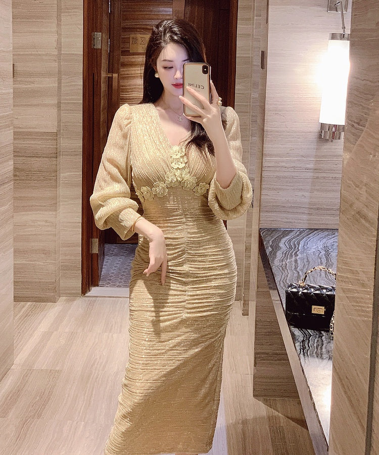 CM-DY024067 Women Elegant Seoul Style Floral V-Neck Puff Sleeve Midi Dress