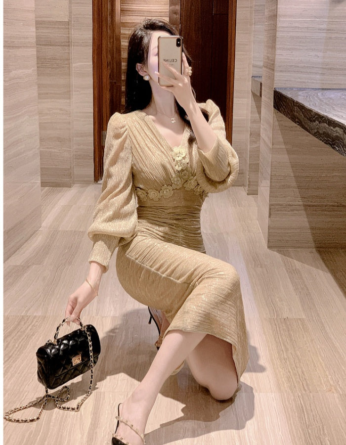 CM-DY024067 Women Elegant Seoul Style Floral V-Neck Puff Sleeve Midi Dress
