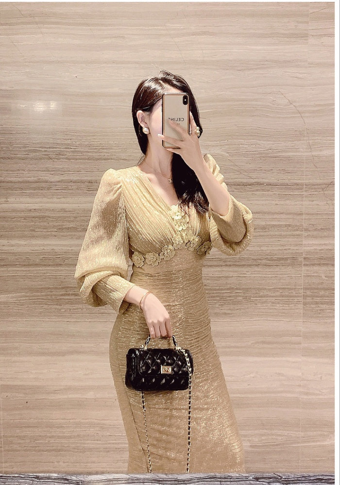 CM-DY024067 Women Elegant Seoul Style Floral V-Neck Puff Sleeve Midi Dress