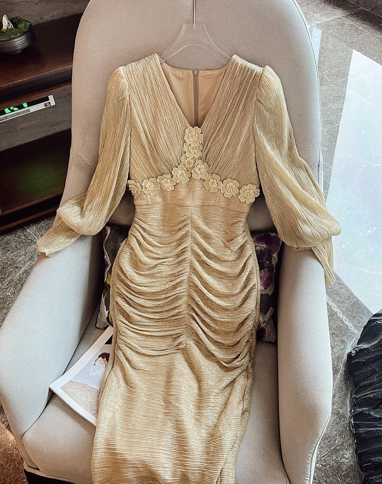 CM-DY024067 Women Elegant Seoul Style Floral V-Neck Puff Sleeve Midi Dress