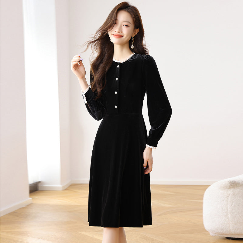 CM-DY024068 Women Casual Seoul Style Round Neck Long Sleeve Mid-Length Dress - Black