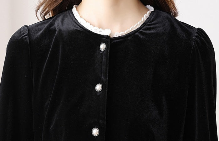 CM-DY024068 Women Casual Seoul Style Round Neck Long Sleeve Mid-Length Dress - Black