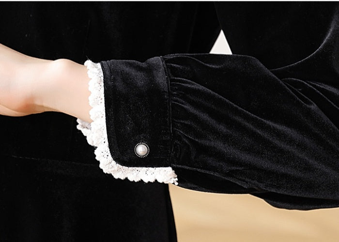 CM-DY024068 Women Casual Seoul Style Round Neck Long Sleeve Mid-Length Dress - Black
