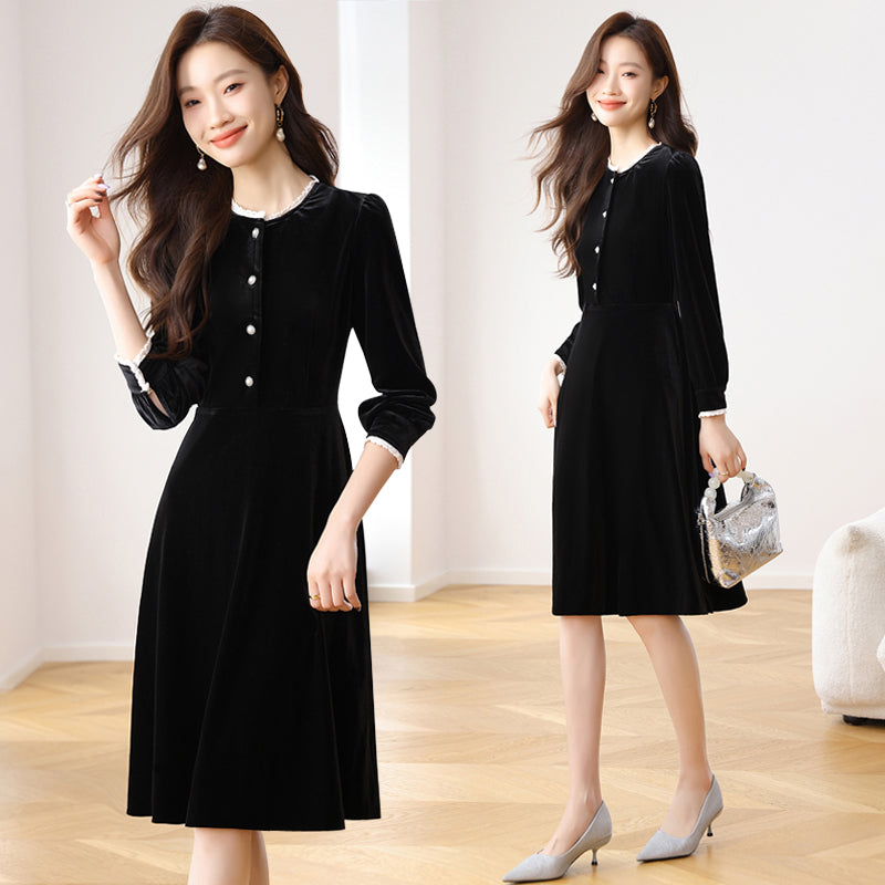 CM-DY024068 Women Casual Seoul Style Round Neck Long Sleeve Mid-Length Dress - Black