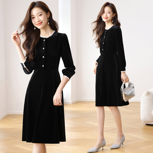 CM-DY024068 Women Casual Seoul Style Round Neck Long Sleeve Mid-Length Dress - Black