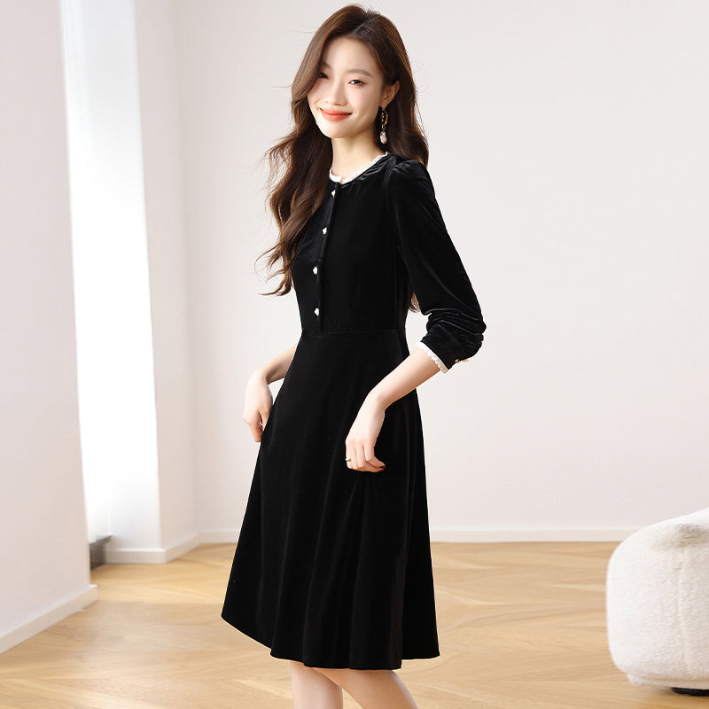 CM-DY024068 Women Casual Seoul Style Round Neck Long Sleeve Mid-Length Dress - Black