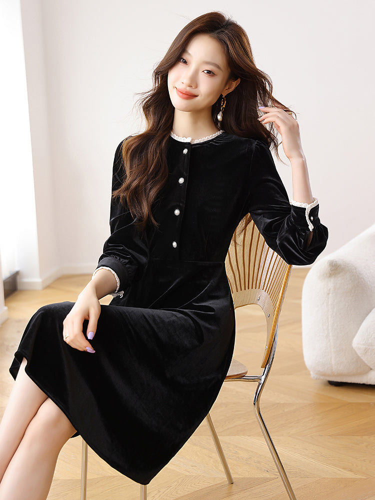 CM-DY024068 Women Casual Seoul Style Round Neck Long Sleeve Mid-Length Dress - Black