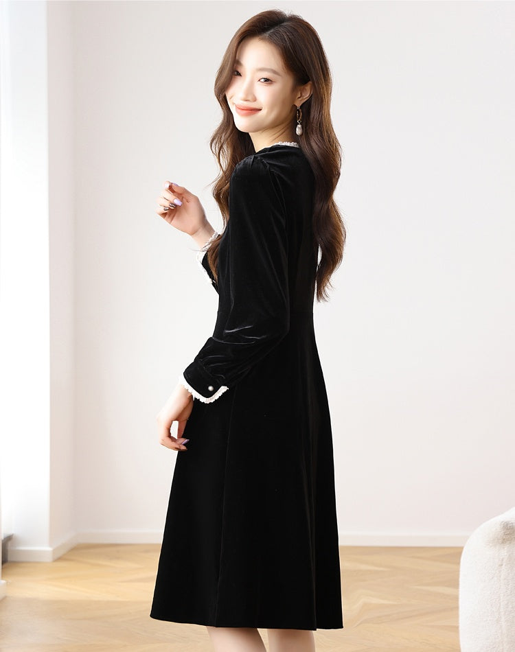 CM-DY024068 Women Casual Seoul Style Round Neck Long Sleeve Mid-Length Dress - Black