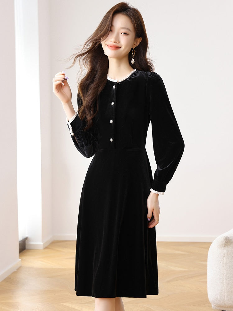 CM-DY024068 Women Casual Seoul Style Round Neck Long Sleeve Mid-Length Dress - Black