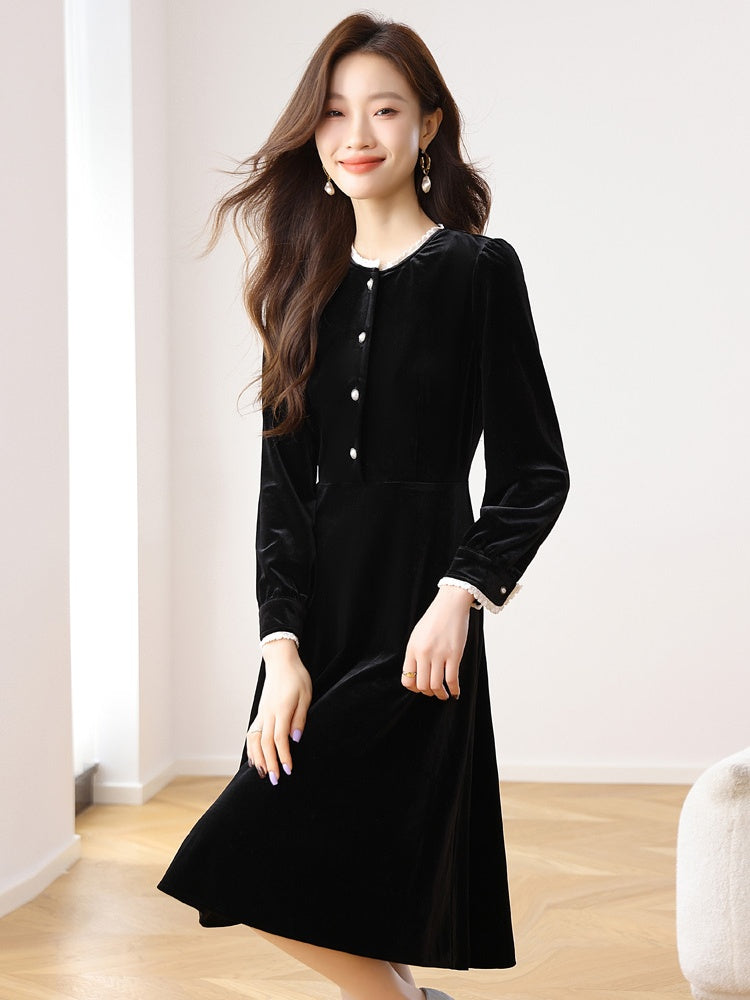 CM-DY024068 Women Casual Seoul Style Round Neck Long Sleeve Mid-Length Dress - Black