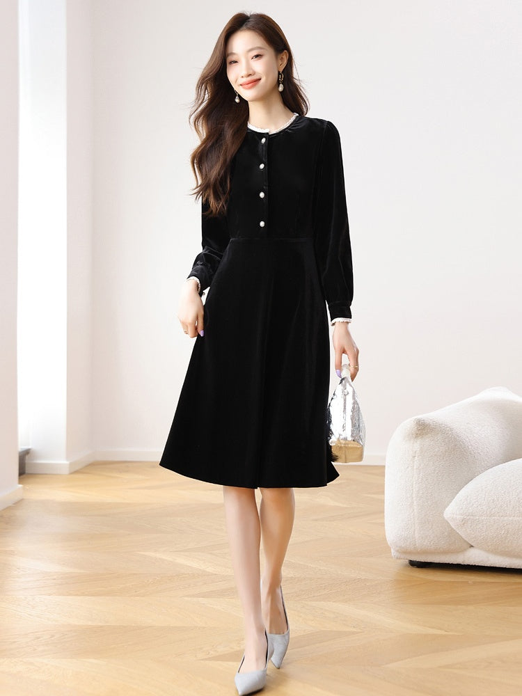 CM-DY024068 Women Casual Seoul Style Round Neck Long Sleeve Mid-Length Dress - Black
