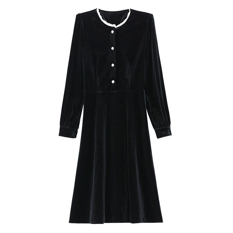 CM-DY024068 Women Casual Seoul Style Round Neck Long Sleeve Mid-Length Dress - Black