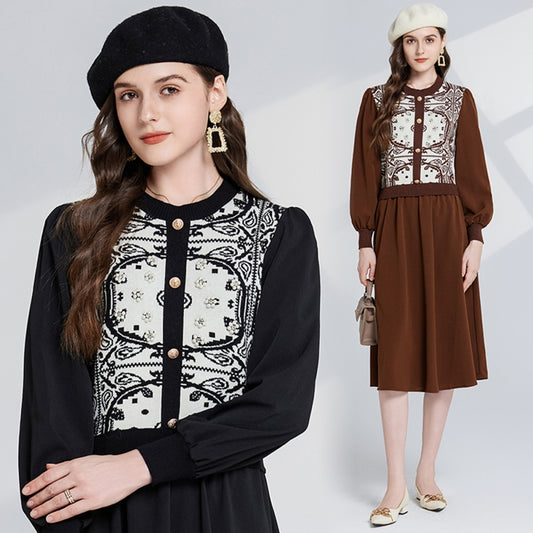 CM-DY024075 Women Trendy Bohemian Style Pattern Round Neck Long Sleeve Midi Dress (Available in 2 colors)