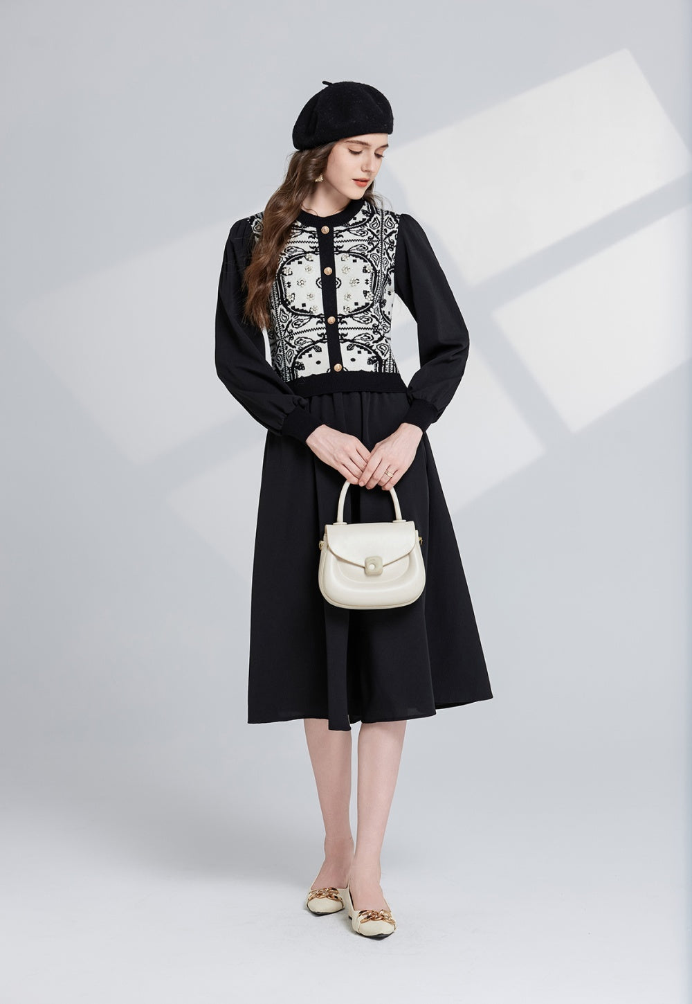 CM-DY024075 Women Trendy Bohemian Style Pattern Round Neck Long Sleeve Midi Dress (Available in 2 colors)
