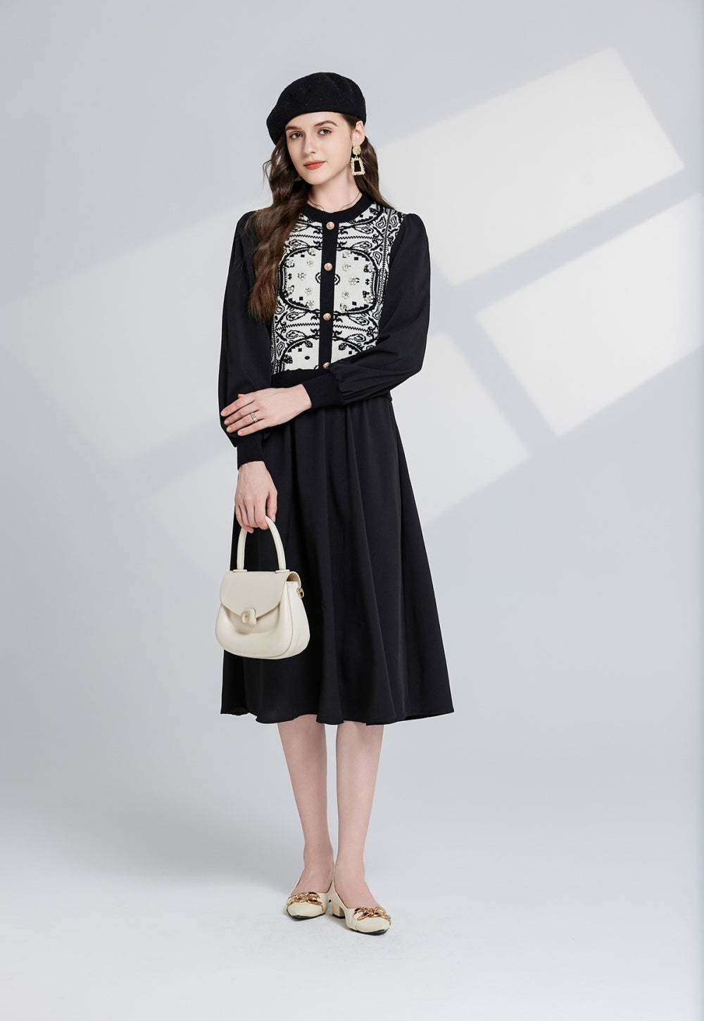 CM-DY024075 Women Trendy Bohemian Style Pattern Round Neck Long Sleeve Midi Dress (Available in 2 colors)