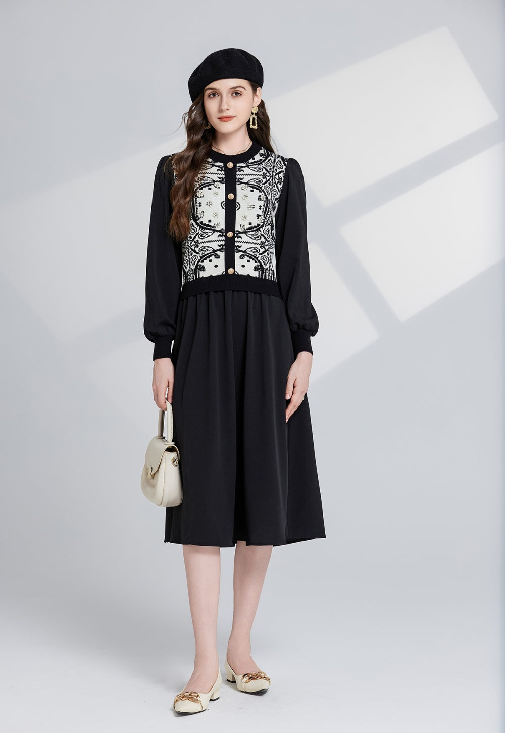 CM-DY024075 Women Trendy Bohemian Style Pattern Round Neck Long Sleeve Midi Dress (Available in 2 colors)
