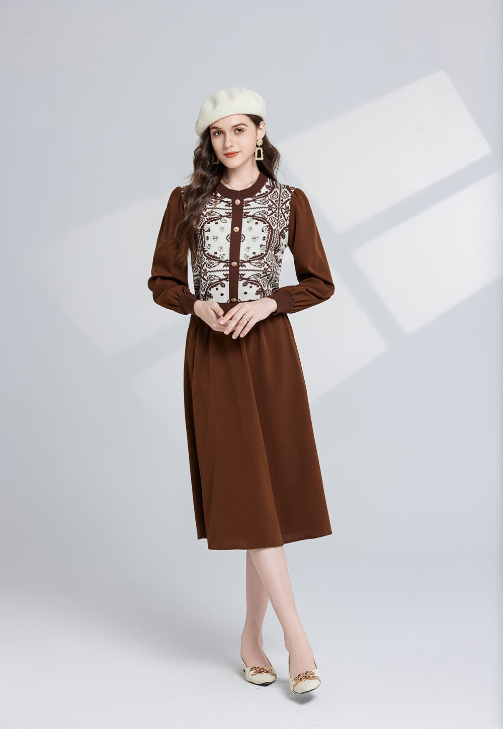 CM-DY024075 Women Trendy Bohemian Style Pattern Round Neck Long Sleeve Midi Dress (Available in 2 colors)