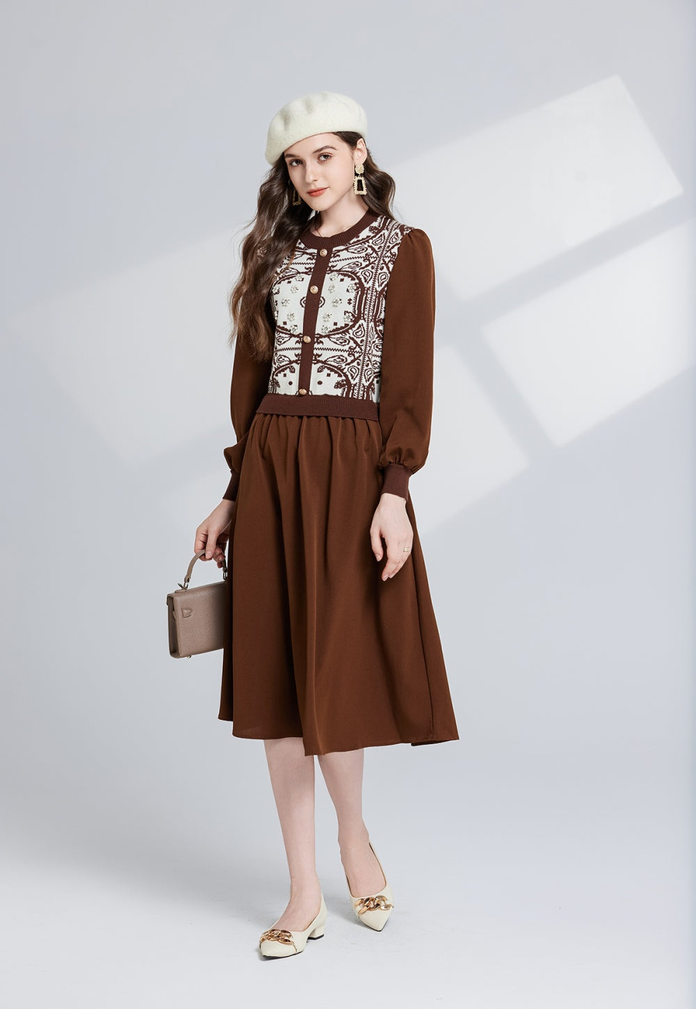 CM-DY024075 Women Trendy Bohemian Style Pattern Round Neck Long Sleeve Midi Dress (Available in 2 colors)