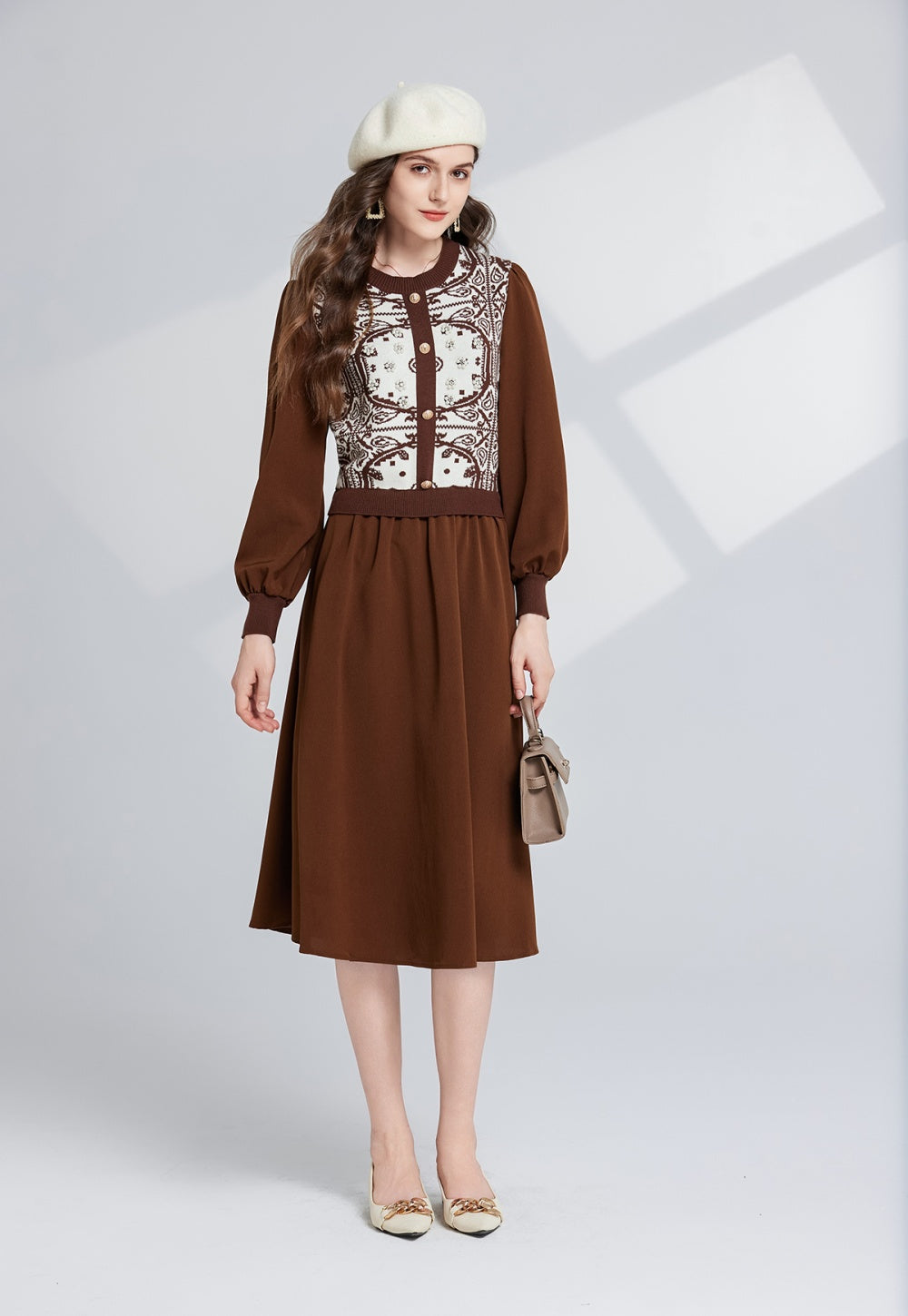 CM-DY024075 Women Trendy Bohemian Style Pattern Round Neck Long Sleeve Midi Dress (Available in 2 colors)
