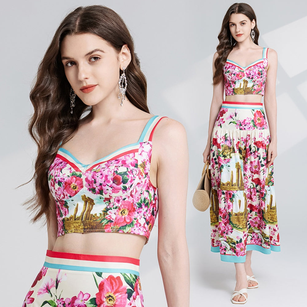 CM-SY024081 Women Elegant European Style Spaghetti Strap Sleeveless Crop Top With Maxi Skirt - Set