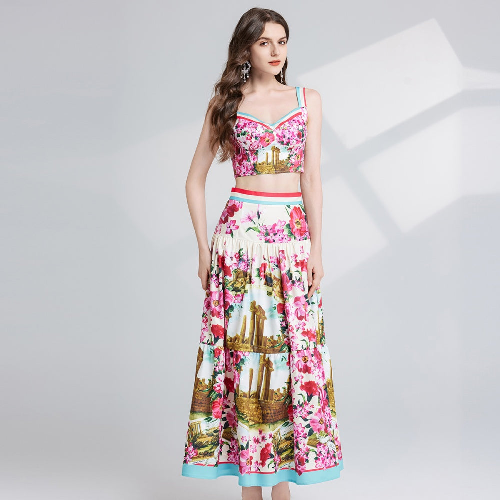 CM-SY024081 Women Elegant European Style Spaghetti Strap Sleeveless Crop Top With Maxi Skirt - Set
