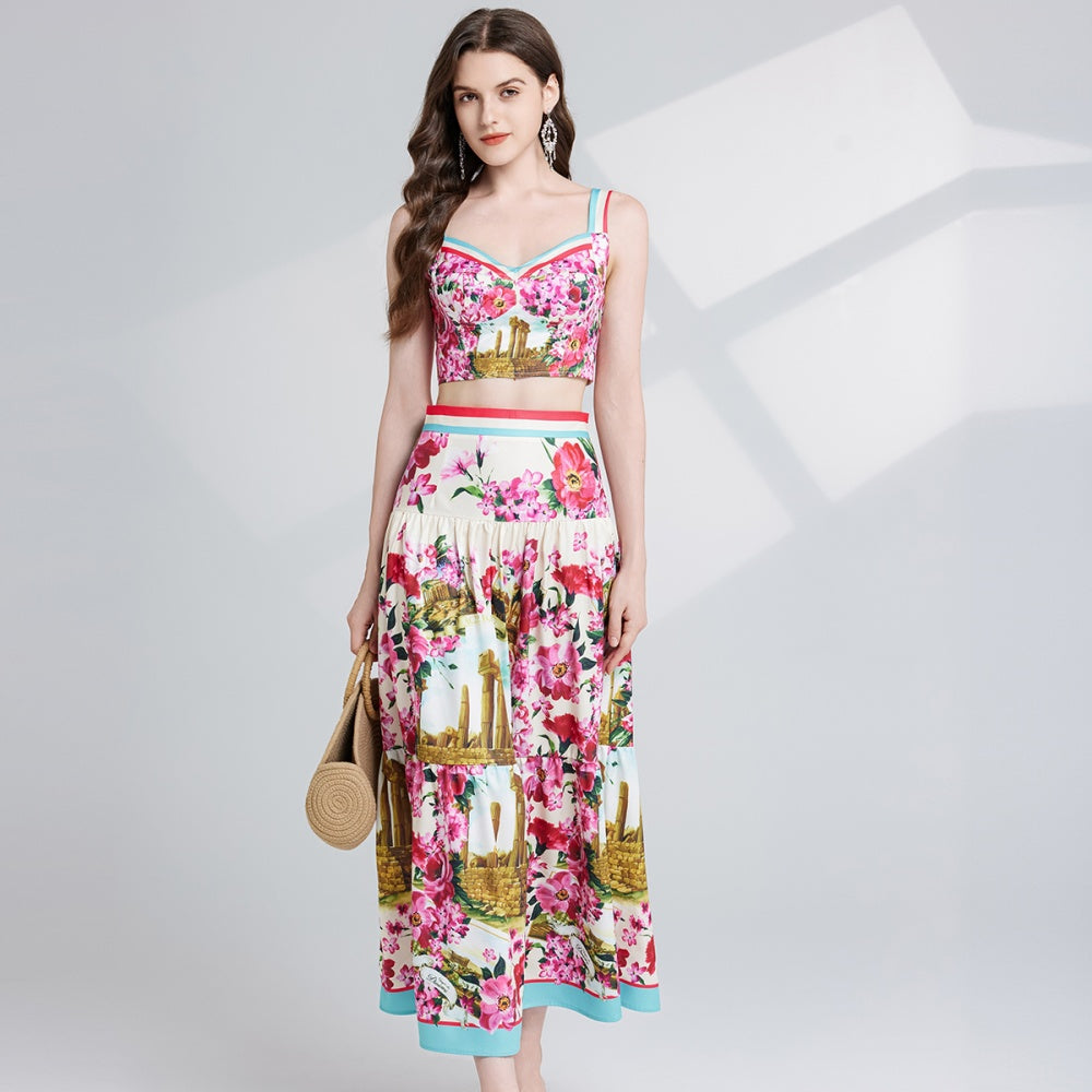 CM-SY024081 Women Elegant European Style Spaghetti Strap Sleeveless Crop Top With Maxi Skirt - Set