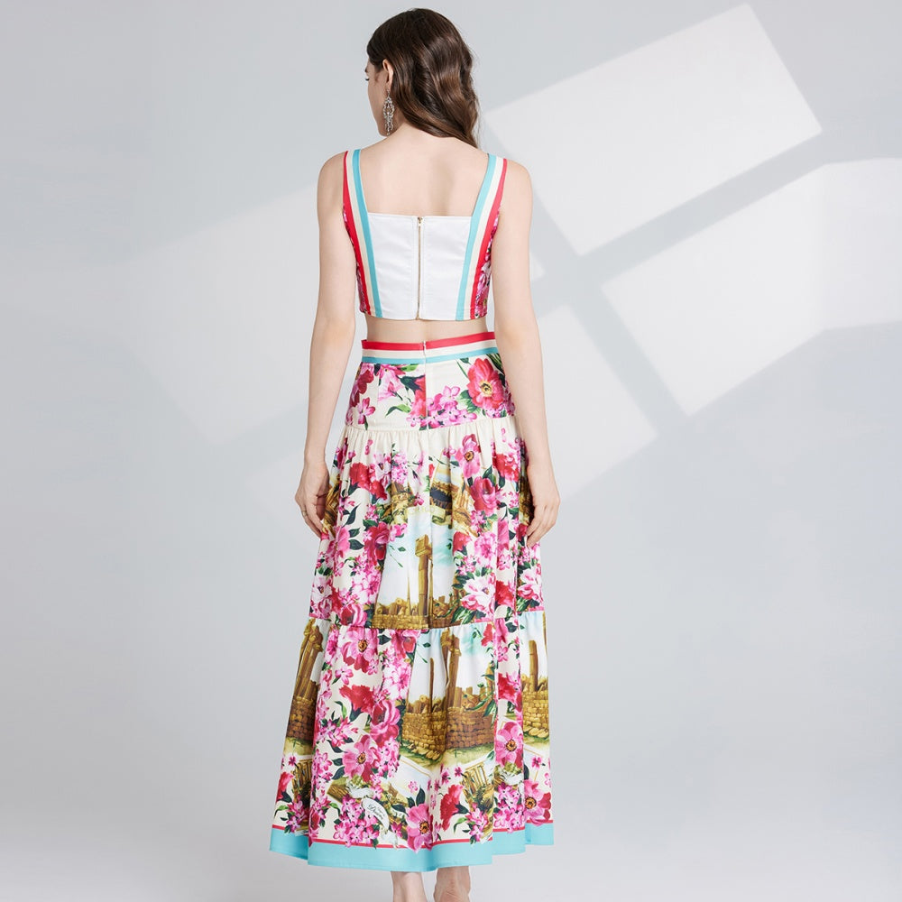 CM-SY024081 Women Elegant European Style Spaghetti Strap Sleeveless Crop Top With Maxi Skirt - Set