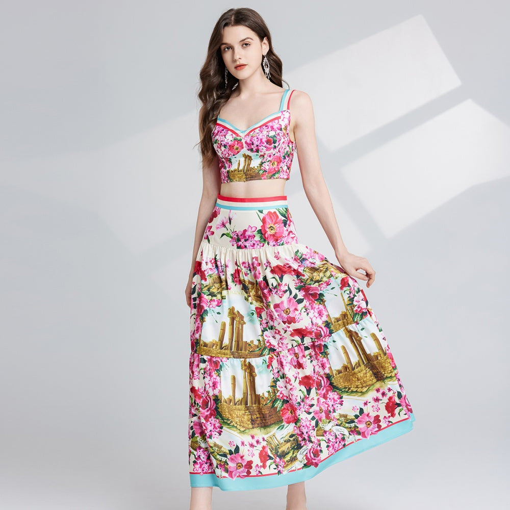 CM-SY024081 Women Elegant European Style Spaghetti Strap Sleeveless Crop Top With Maxi Skirt - Set