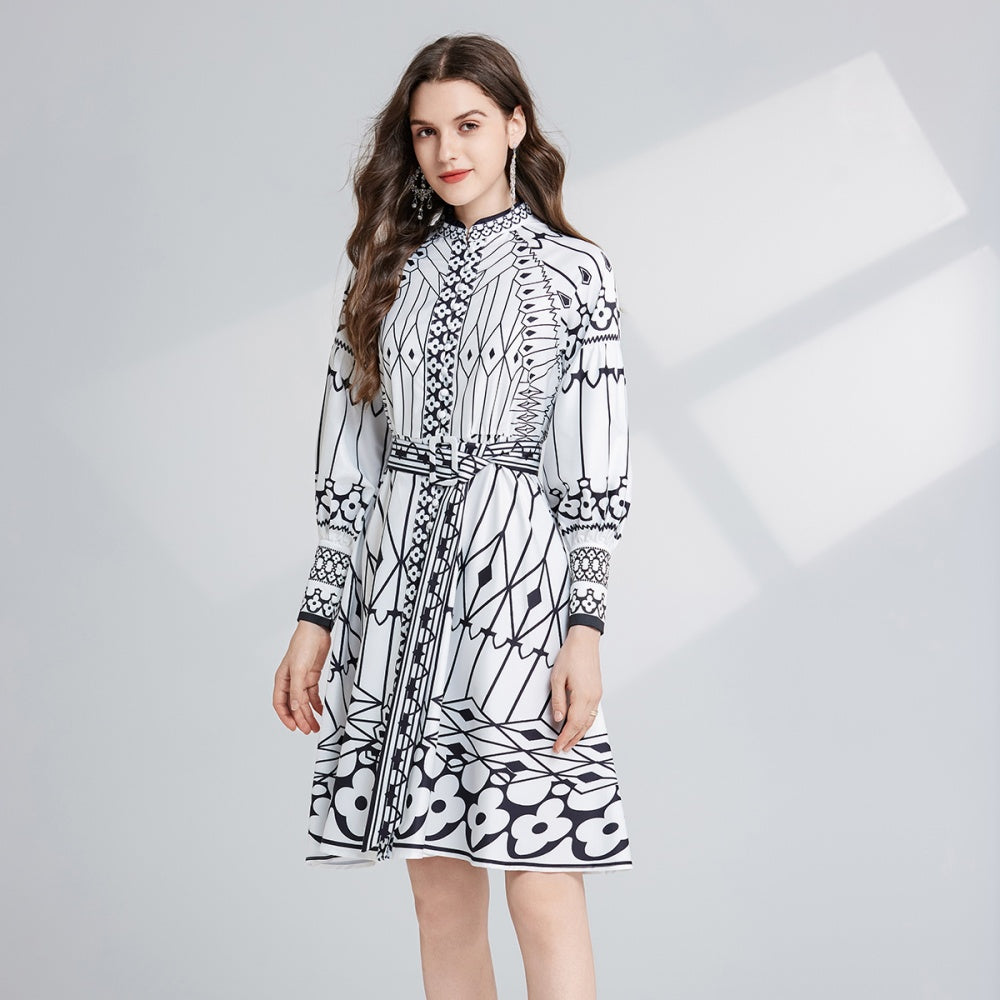 CM-DY024083 Women Elegant European Style Stand Collar Lantern Sleeve Midi Dress