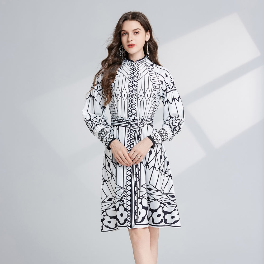 CM-DY024083 Women Elegant European Style Stand Collar Lantern Sleeve Midi Dress