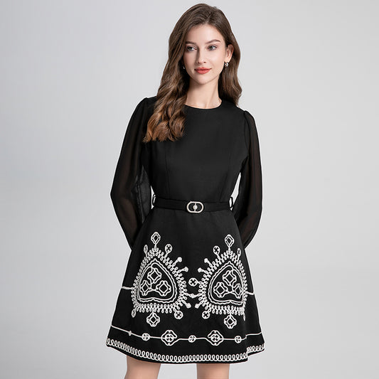 CM-DY024108 Women Elegant European Style Round Neck Long Sleeve High Waist Slim Mini Dress - Black