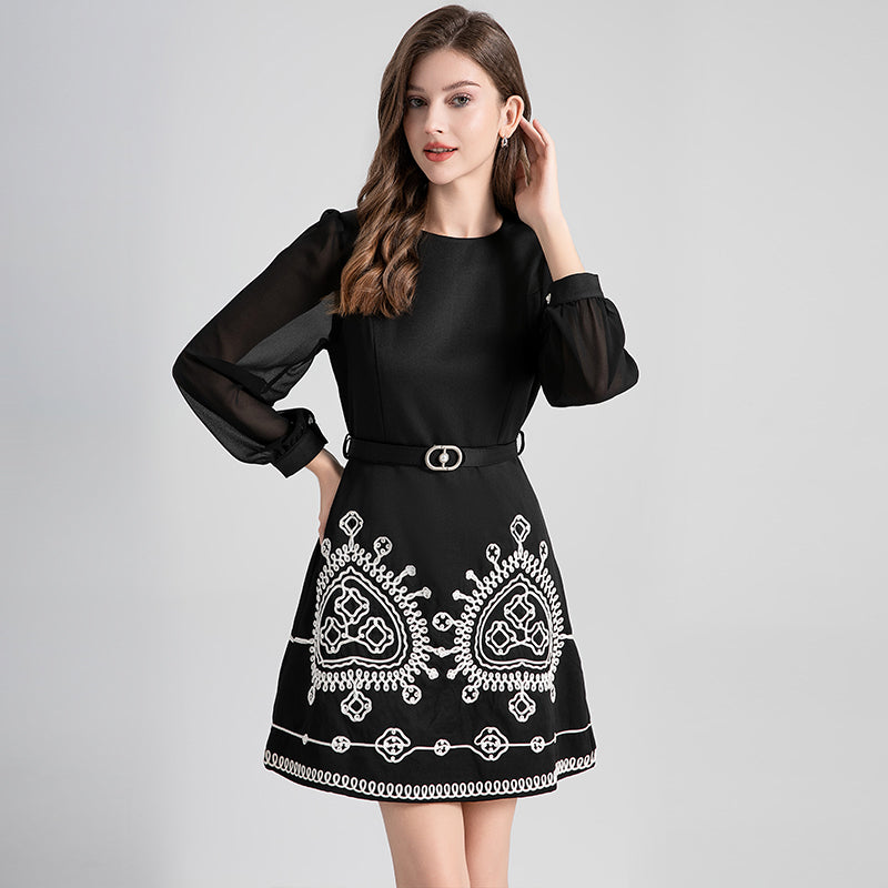 CM-DY024108 Women Elegant European Style Round Neck Long Sleeve High Waist Slim Mini Dress - Black