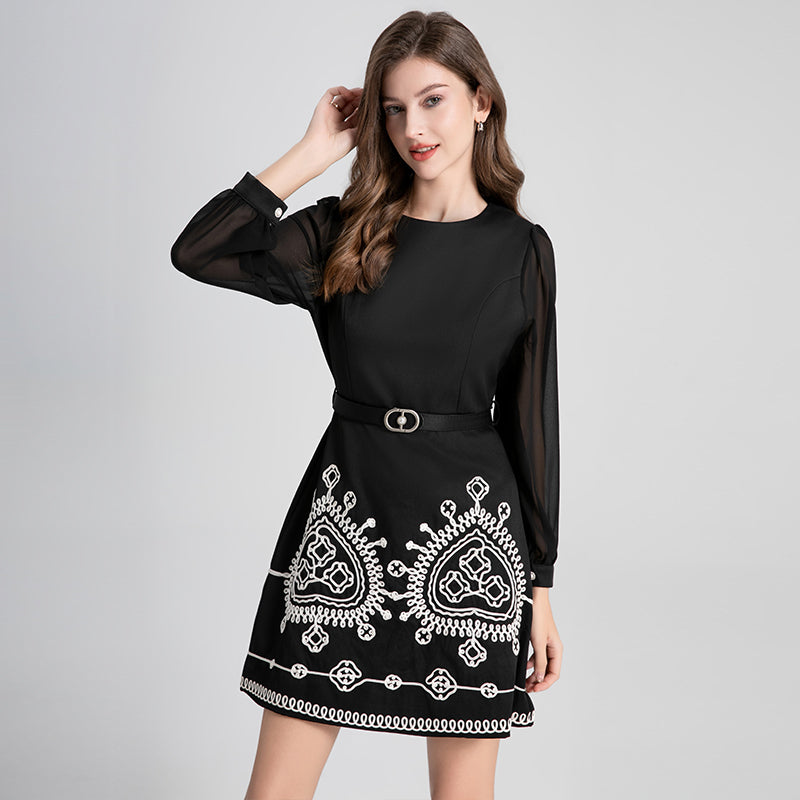 CM-DY024108 Women Elegant European Style Round Neck Long Sleeve High Waist Slim Mini Dress - Black