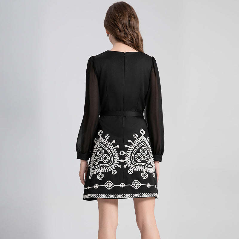 CM-DY024108 Women Elegant European Style Round Neck Long Sleeve High Waist Slim Mini Dress - Black