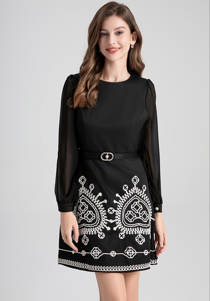 CM-DY024108 Women Elegant European Style Round Neck Long Sleeve High Waist Slim Mini Dress - Black