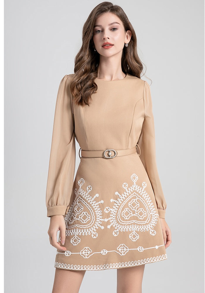 CM-DY024109 Women Elegant European Style Round Neck Long Sleeve High Waist Slim Mini Dress - Khaki