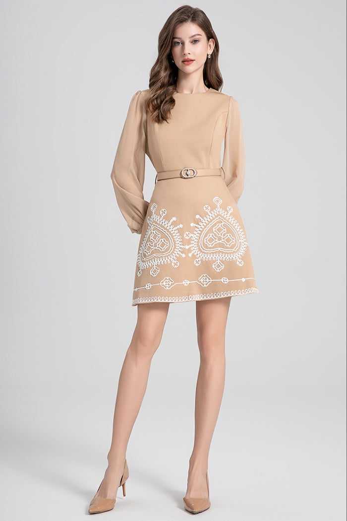 CM-DY024109 Women Elegant European Style Round Neck Long Sleeve High Waist Slim Mini Dress - Khaki