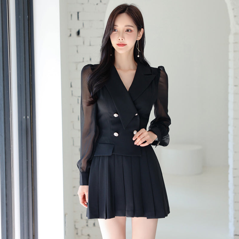 CM-DY024969 Women Elegant Seoul Style Collar Neckline Long Sleeve Pleated Dress - Black