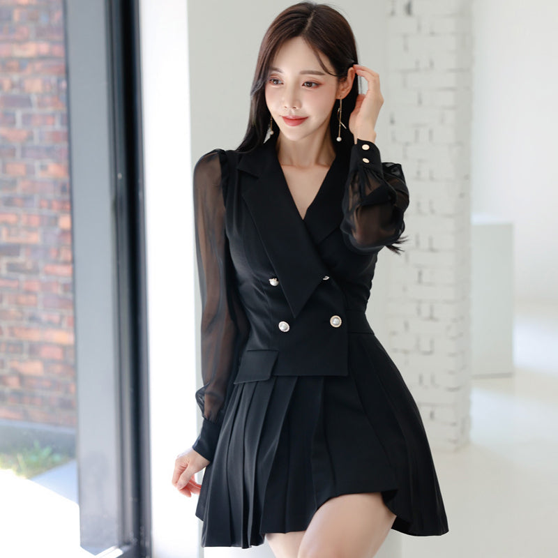 CM-DY024969 Women Elegant Seoul Style Collar Neckline Long Sleeve Pleated Dress - Black