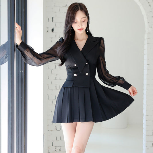CM-DY024969 Women Elegant Seoul Style Collar Neckline Long Sleeve Pleated Dress - Black