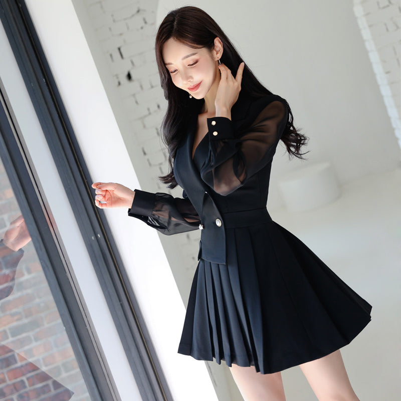 CM-DY024969 Women Elegant Seoul Style Collar Neckline Long Sleeve Pleated Dress - Black